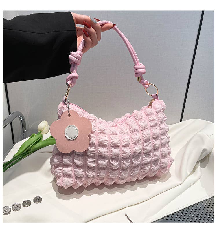 Popcorn Texture Flower Charm Mini Hobo Bag: G_White / M