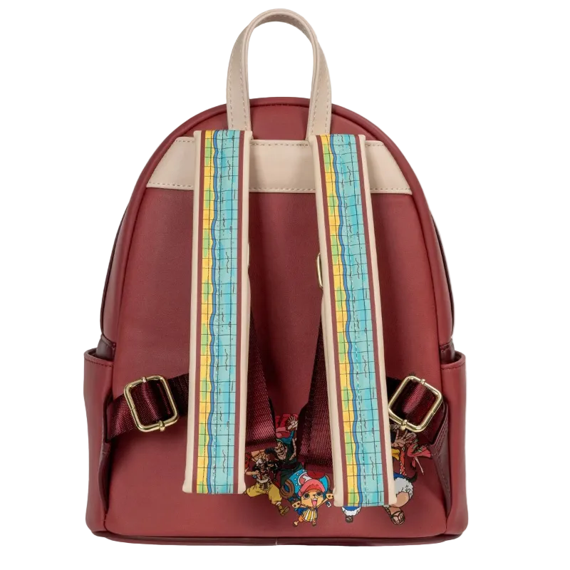 Red backpack with colorful straps and character designs on a white background
