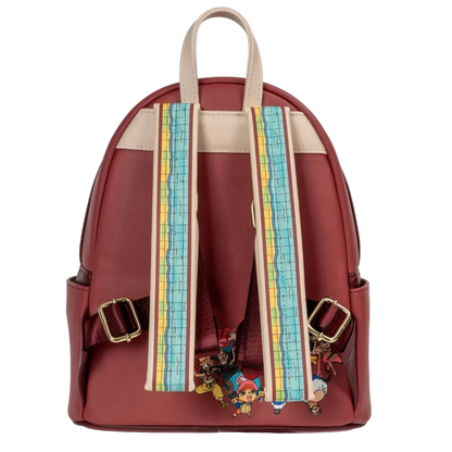 Red backpack with colorful straps and character designs on a white background