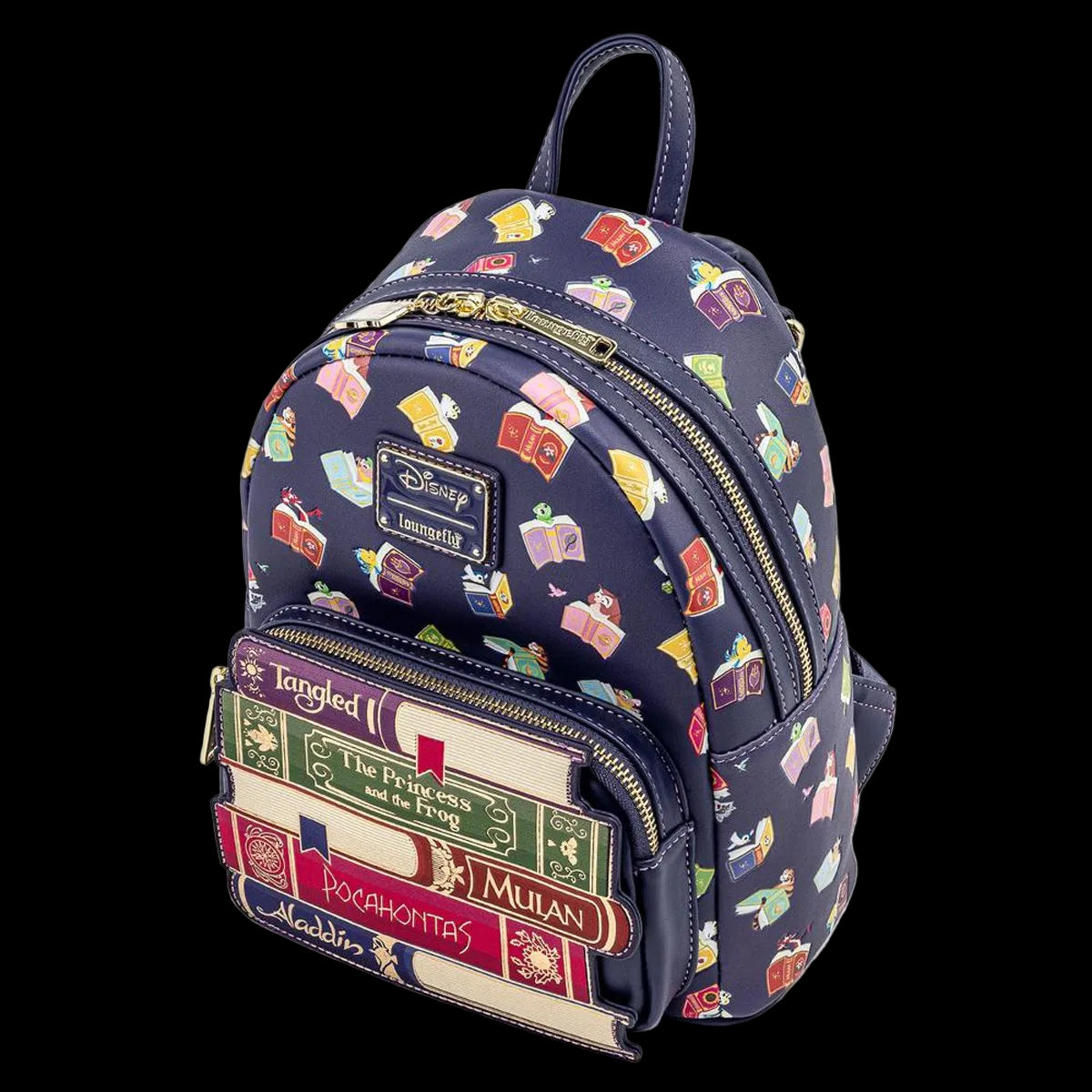 A navy blue Disney Loungefly mini backpack with an all-over colorful book print, featuring a front zip pocket holding several book-shaped cardholders and a top handle, photographed on a white background.