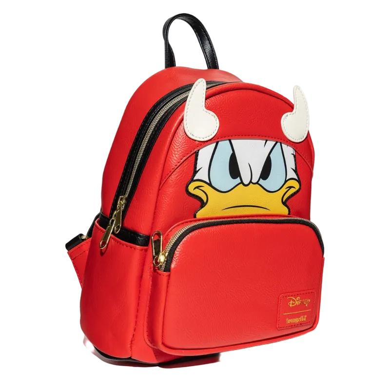 Red backpack with cartoon character face on a white background
