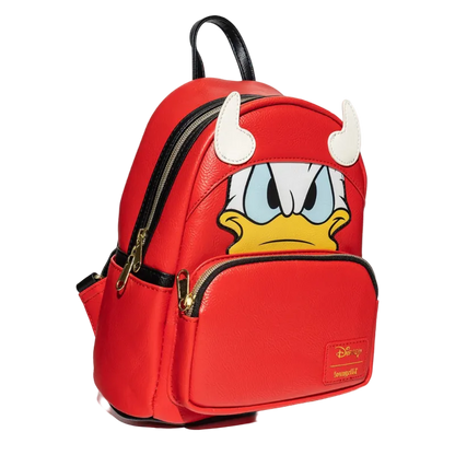 Red backpack with cartoon character face on a white background
