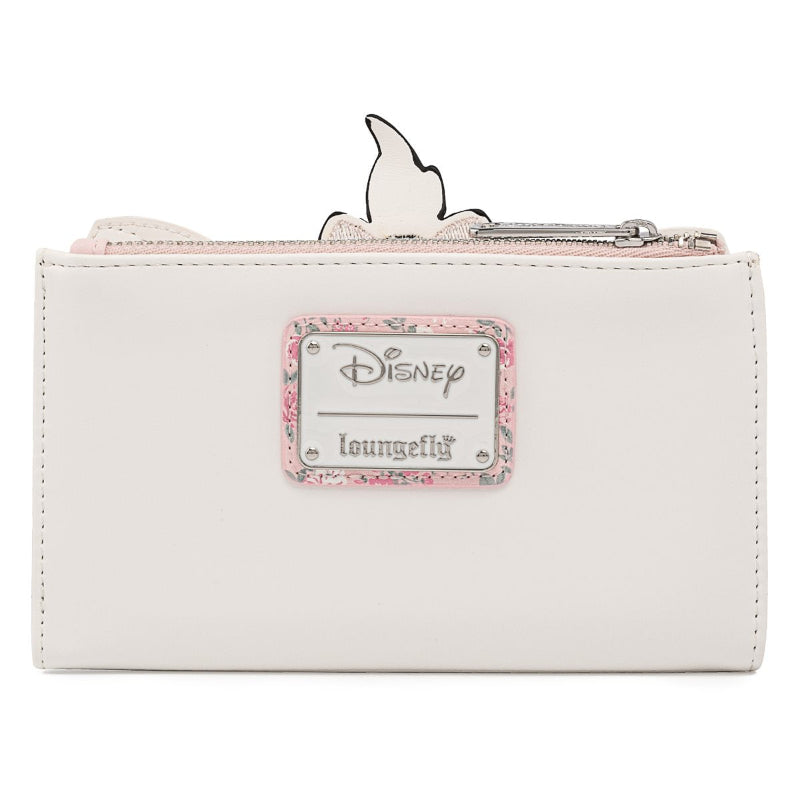 A white faux leather Disney Loungefly zip-around wallet featuring a pink floral nameplate and a white silhouette charm protruding from the top zipper.