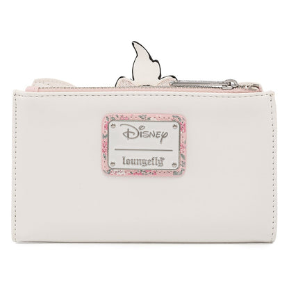 A white faux leather Disney Loungefly zip-around wallet featuring a pink floral nameplate and a white silhouette charm protruding from the top zipper.