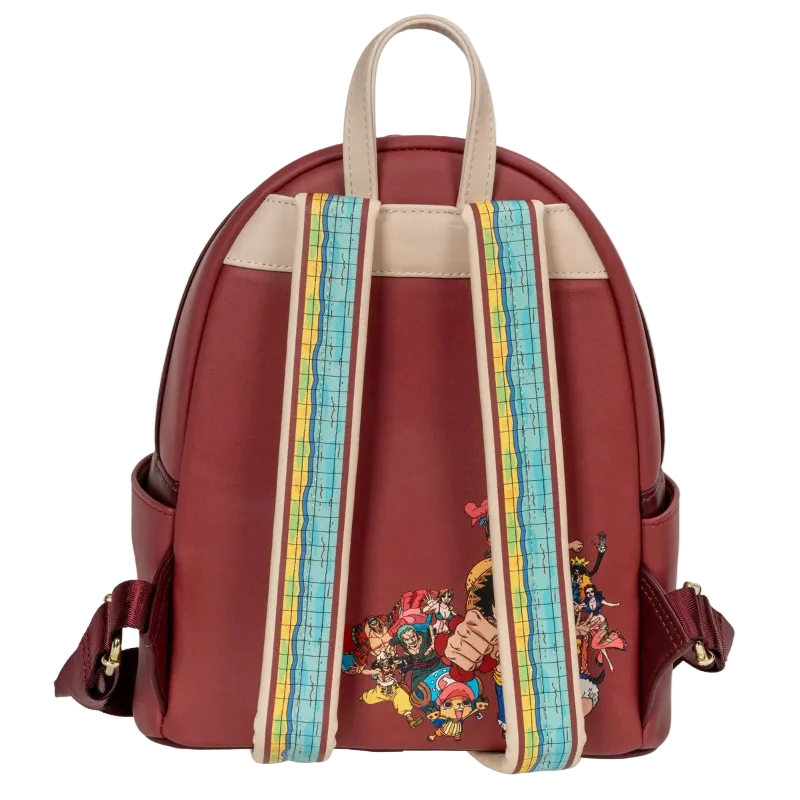 Red backpack with colorful straps and character designs on a white background