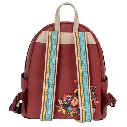 Red backpack with colorful straps and character designs on a white background