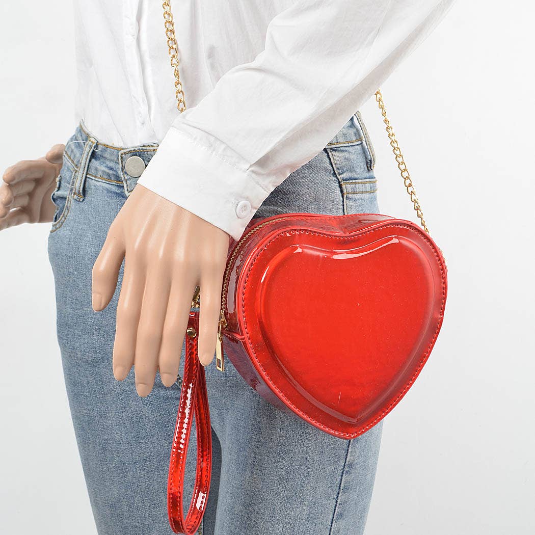 Heart Shape Mirror Metallic Crossbody Bag: Red