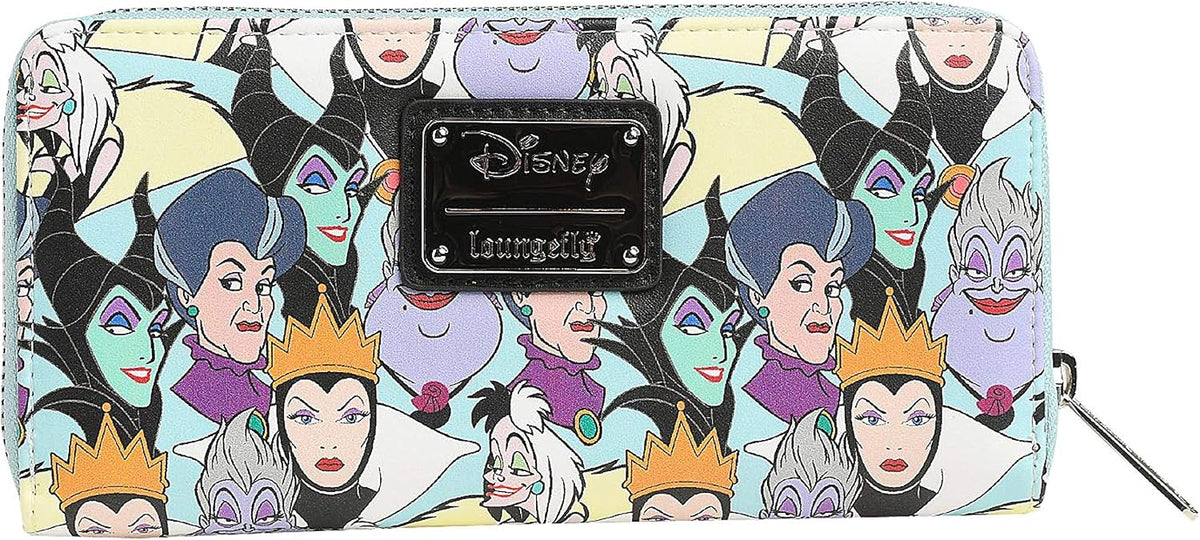 Disney Lounge Club zip-around wallet featuring a colorful collage print of Disney villains and characters on a pale blue background, with a black metal Disney Lounge Club logo plaque on the front.