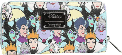 Disney Lounge Club zip-around wallet featuring a colorful collage print of Disney villains and characters on a pale blue background, with a black metal Disney Lounge Club logo plaque on the front.