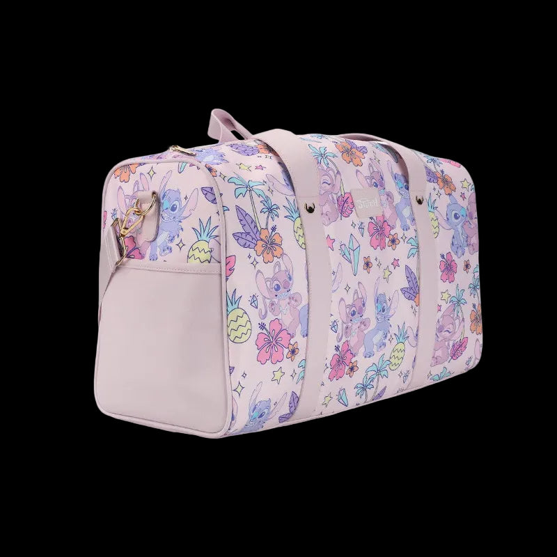 Pink duffel bag with colorful animal print on a white background
