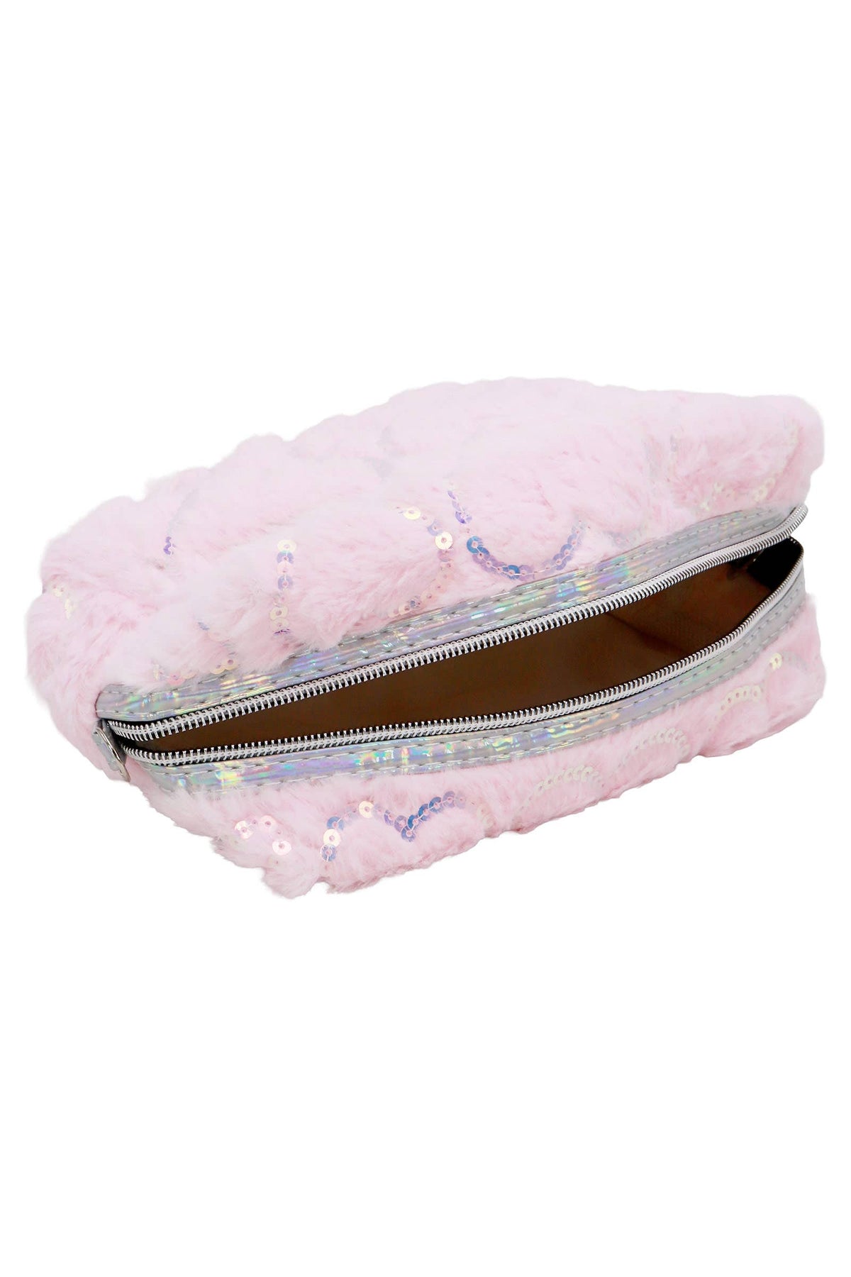 Heart Sequined Fuzzy Fur Cosmetic Pouch Bag: ASSORTED / ONE SIZE