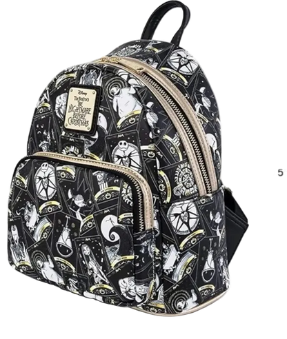 Backpack with black and white pattern featuring characters from 'The Nightmare Before Christmas' with dimensions displayed.