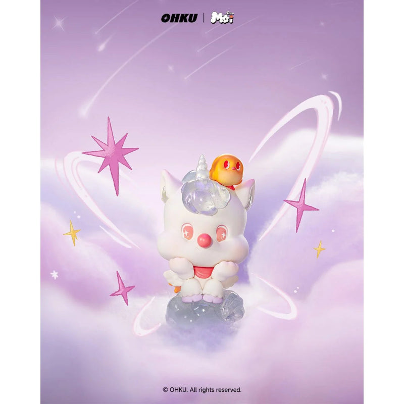 Cute cartoon character with a unicorn horn on a purple background with stars