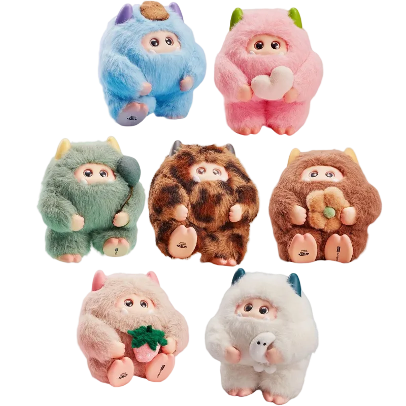 Set of colorful plush toys with animal-like designs on a white background