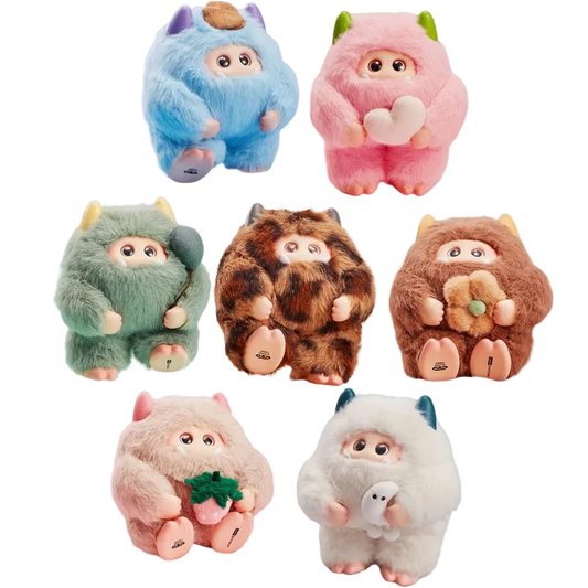 Set of colorful plush toys with animal-like designs on a white background