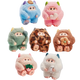 Set of colorful plush toys with animal-like designs on a white background