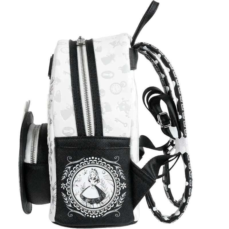 Backpack with Alice in Wonderland design on a white background