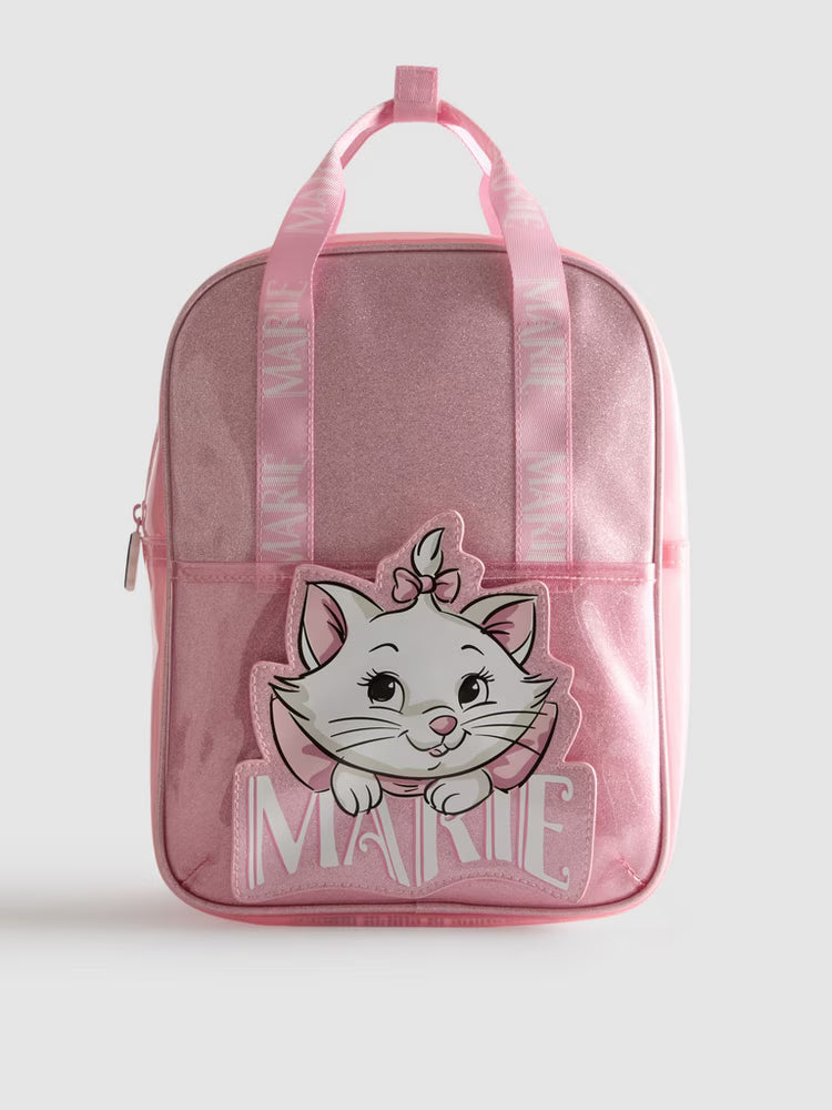 Pink backpack with a cat design and 'Marie' text on a white background