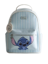 A Disney backpack featuring a light blue and white vertical stripe pattern, with a large graphic of Stitch on the front pocket. The backpack has a top handle, a front zippered pocket, a silver zipper, and a round Disney keychain charm hanging from the left side.