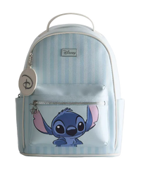 A Disney backpack featuring a light blue and white vertical stripe pattern, with a large graphic of Stitch on the front pocket. The backpack has a top handle, a front zippered pocket, a silver zipper, and a round Disney keychain charm hanging from the left side.