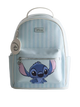 A Disney backpack featuring a light blue and white vertical stripe pattern, with a large graphic of Stitch on the front pocket. The backpack has a top handle, a front zippered pocket, a silver zipper, and a round Disney keychain charm hanging from the left side.
