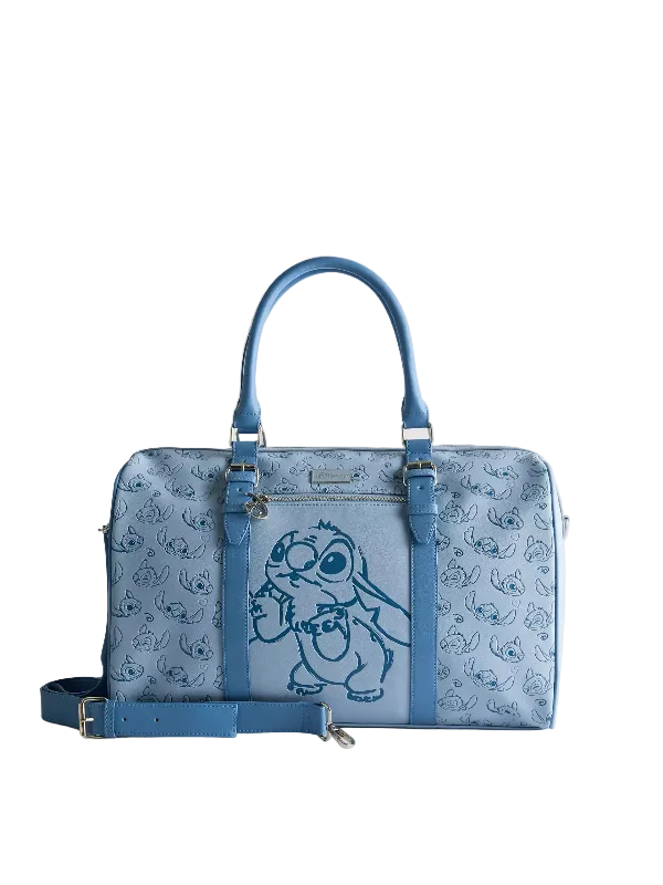 A light blue Disney Lilo & Stitch themed duffle bag with a central stitched character print, embossed Stitch motifs across the sides, top handles, and a detachable shoulder strap, shown against a plain light gray background.