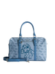 A light blue Disney Lilo & Stitch themed duffle bag with a central stitched character print, embossed Stitch motifs across the sides, top handles, and a detachable shoulder strap, shown against a plain light gray background.