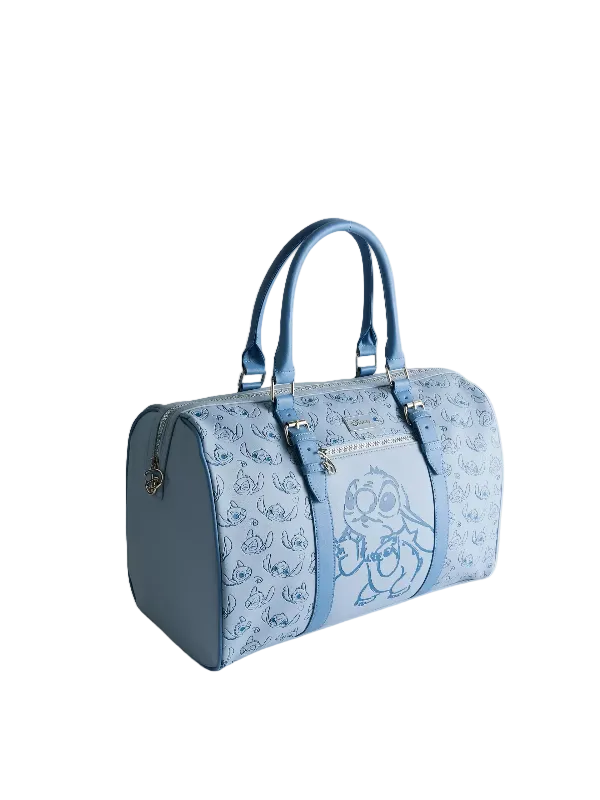 A light blue duffle bag with embossed cartoon character patterns and a large matching character print on the front pocket, shown on a light gray background.