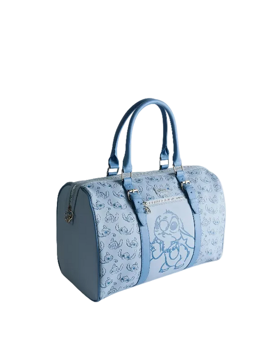 A light blue duffle bag with embossed cartoon character patterns and a large matching character print on the front pocket, shown on a light gray background.