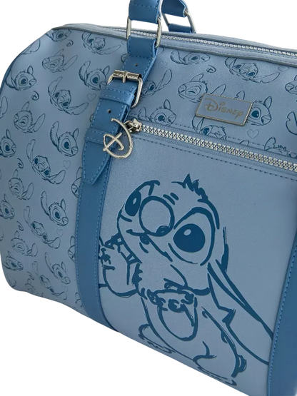 A light blue Disney Lilo & Stitch duffle bag featuring a large blue line-art print of Stitch on the front, an allover Stitch pattern on the sides, a top handle, a zippered compartment, and a visible Disney logo plaque.