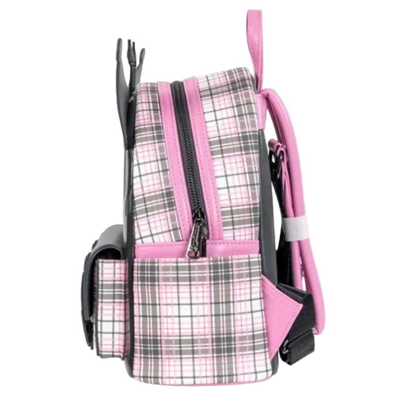 Plaid patterned backpack with pink accents on a white background
