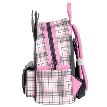 Plaid patterned backpack with pink accents on a white background