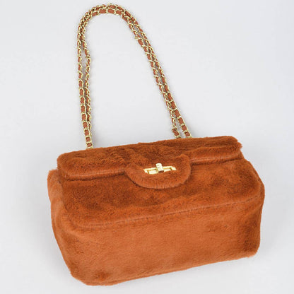 Faux Wool Flap Shoulder Bag: Camel