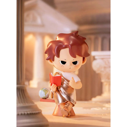 Figurine of a child holding a book with a classical architecture background