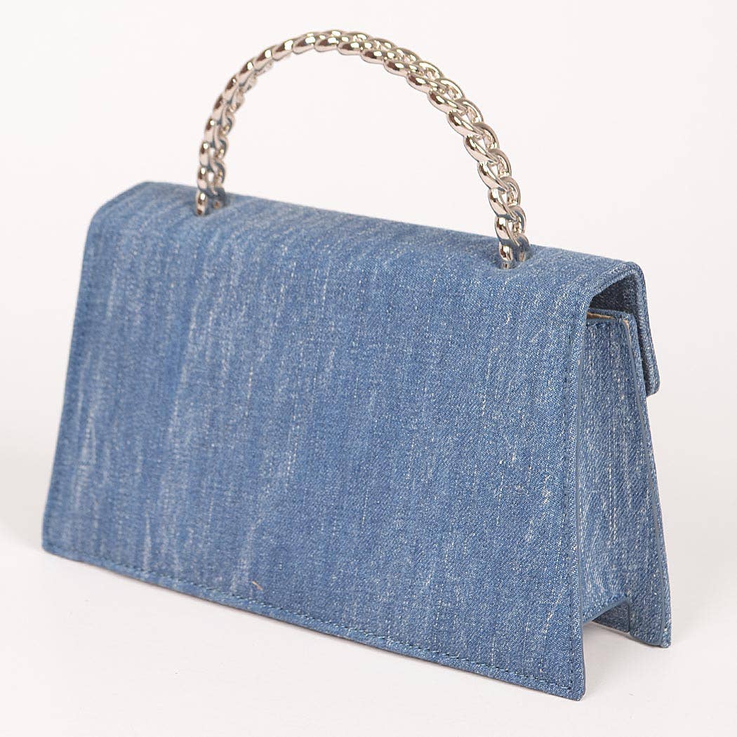 Denim Metal Handle Flap Clutch: LBL