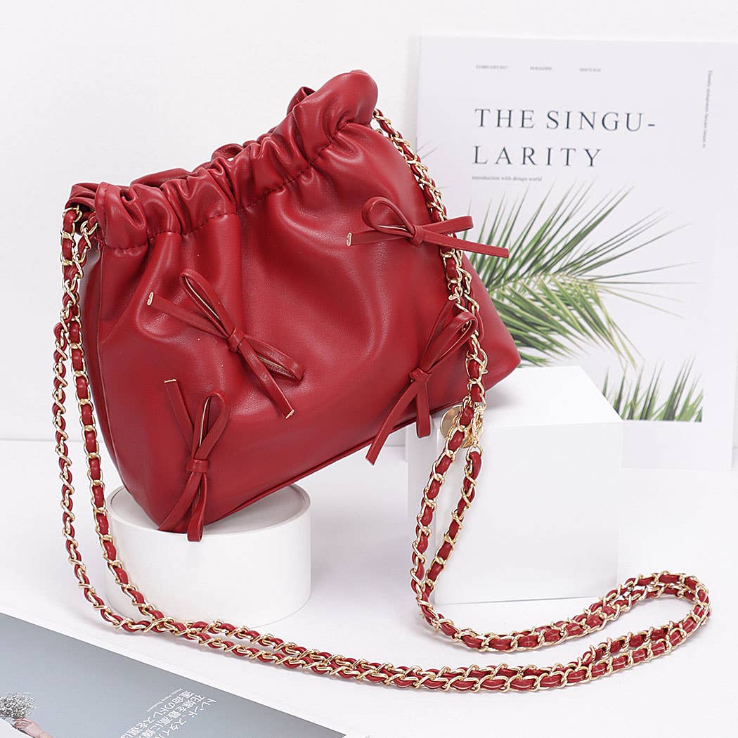 Faux Leather Multi Ribbon Bucket Chain Crossbody Bag: SL