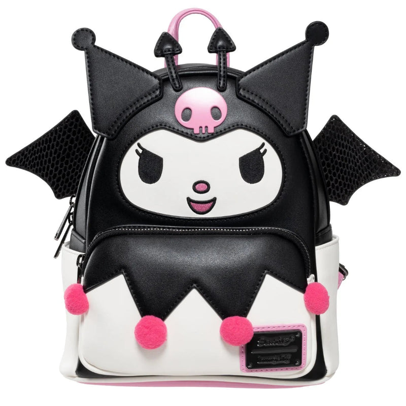 Black, white, and pink backpack with cartoon face and bat wings on a white background