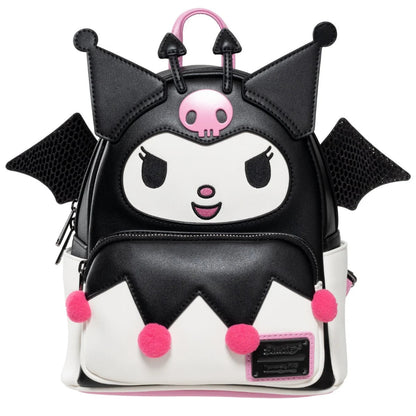 Black, white, and pink backpack with cartoon face and bat wings on a white background