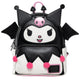 Black, white, and pink backpack with cartoon face and bat wings on a white background