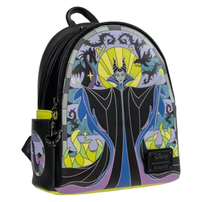 Backpack with stylized character design on a white background