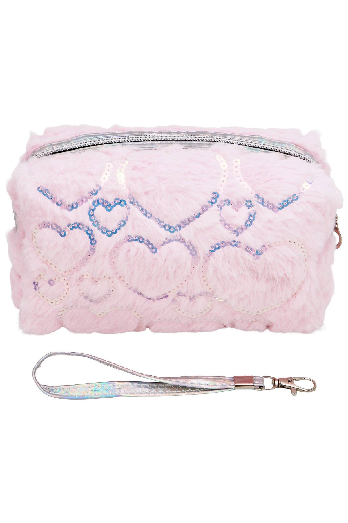 Heart Sequined Fuzzy Fur Cosmetic Pouch Bag: ASSORTED / ONE SIZE