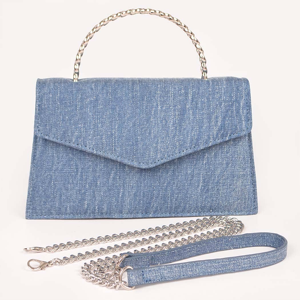 Denim Metal Handle Flap Clutch: LBL