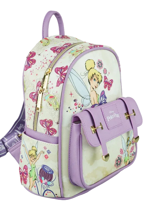 A Disney Tinker Bell mini backpack featuring a light cream background with colorful butterfly and floral prints, lavender purple trim and front pocket, and gold-tone hardware.