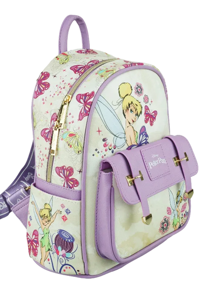 A Disney Tinker Bell mini backpack featuring a light cream background with colorful butterfly and floral prints, lavender purple trim and front pocket, and gold-tone hardware.