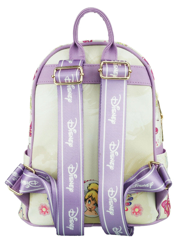 A Disney-themed mini backpack featuring a translucent cream body with lavender purple straps, floral accents, and character graphics. The backpack has gold-tone hardware and is shown against a plain white background.