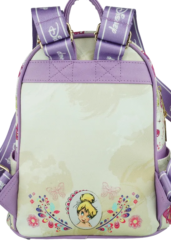 A Disney-themed backpack featuring a light purple strap and trim, a pale cream body with a subtle watercolor background, and a colorful floral and butterfly graphic with Tinker Bell's face on the lower front.