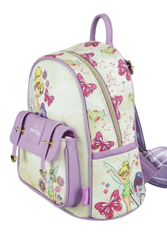 A Disney Tinker Bell themed backpack featuring a cream-colored body with colorful butterfly and fairy prints, accented with lavender purple straps, zippers, and side pocket details.