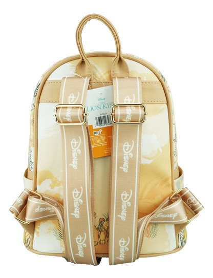 Backpack with decorative straps and a visible brand label on a white background