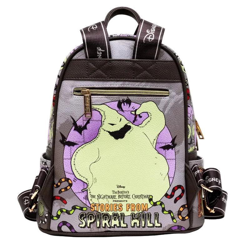 A Disney 'The Nightmare Before Christmas' Spiral Hill mini backpack featuring Ghostface on the front, with a purple circular background, black bats, colorful snakes, and dark brown straps with white Disney branding.