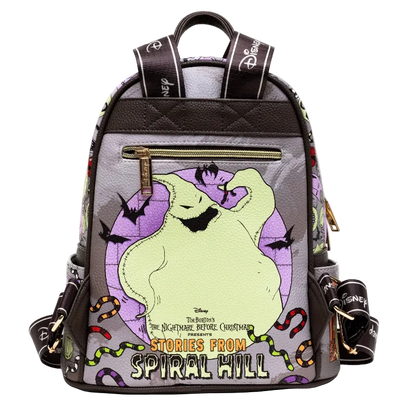 A Disney 'The Nightmare Before Christmas' Spiral Hill mini backpack featuring Ghostface on the front, with a purple circular background, black bats, colorful snakes, and dark brown straps with white Disney branding.
